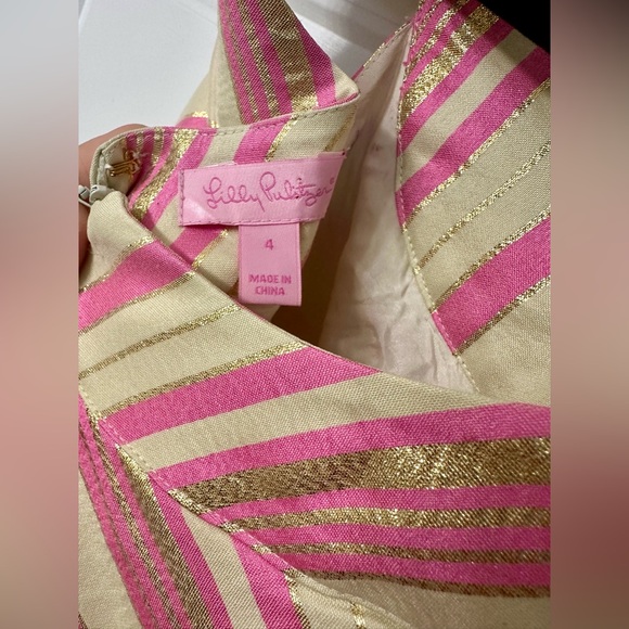 Lilly Pulitzer Elias Pink Gold Metallic Striped Mini Dress Shoulder Bow - Picture 5 of 6